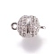 Brass Micro Pave Cubic Zirconia Magnetic Clasps with Loops, Round, Platinum, 13.5x8mm, Hole: 1.5mm