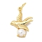 Rack Plating Brass Pendants, with ABS Imitation Pearl, Long-Lasting Plated, Lead Free & Cadmium Free, Real 18K Gold Plated, Bird, 26.5x19.5x5.5mm, Hole: 6mm