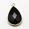 Golden Tone Brass Glass Teardrop Pendants, Faceted, Black, 18x10x5mm, Hole: 2mm