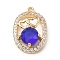 Brass with K9 Glass & Rhinestone Pendants, Light Gold, Oval with Heart Charms, Sapphire, 23x15x5.5mm, Hole: 1.5mm