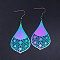 201 Stainless Steel Dangle Earrings, teardrop, with Flower, Rainbow Color, 82x34.5mm, Pin: 0.7mm