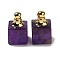 Natural Amethyst Perfume Bottle Pendants, Square Charms with Golden Plated 304 Stainless Steel Findings, 19x12x12mm, Hole: 2mm