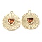 Real 18K Gold Plated Brass Pendants, with Glass, Flat Round with Heart Charms, Orange, 17x15x3mm, Hole: 1.4mm