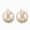 Brass Micro Pave Cubic Zirconia Pendants, with Shell, Flat Round with Letter, Nickel Free, Clear, Creamy White, Real 18K Gold Plated, Letter.K, 17x14x4mm, Hole: 1.8mm