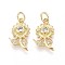 Brass Micro Pave Cubic Zirconia Pendants, Flower, with Jump Ring, Real 16K Gold Plated, 17.5~18x11x3mm, Hole: 3mm