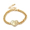 Brass Micro Pave Clear Cubic Zirconia Heart Cuban Link Chains Bracelets for Women, Real 16K Gold Plated, 6-7/8 inch(17.6cm), Heart: 18.5x20.5x2.5mm