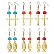 6 Pair 6 Style Brass Cross & Alloy Jesus Fish Dangle Earrings, Synthetic Turquoise Round Beaded Long Drop Earrings with 304 Stainless Steel Earring Pins, Mixed Color, 53x13mm, 1 Pair/style