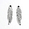 Tibetan Style Alloy Feather Pendants, Cadmium Free & Nickel Free & Lead Free, Antique Silver, 23x6x1.5mm, Hole: 2mm, about 1400pcs/1000g