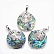 Natural Paua Shell Pendants, with Rhinestone and Platinum Tone Brass Findings, Flat Round with Tree of Life, 32.5~33x27.5~28x5~6mm, Hole: 5x7mm