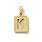 304 Stainless Steel Alphabet Pendants, Real 18K Gold Plated, Rectangle Charm, Letter K, 17.5x12x2mm, Hole: 7.5x3.5mm