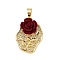 Brass Micro Pave Cubic Zirconia Pendants, Cadmium Free & Lead Free, Oval with Resin Flower, Real 18K Gold Plated, Dark Red, 34.5x23.5x11mm, Hole: 7x4.5mm