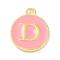 Golden Plated Alloy Enamel Charms, Enamelled Sequins, Flat Round with Alphabet, Letter.D, Pink, 14x12x2mm, Hole: 1.5mm