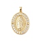 Brass Cubic Zirconia Pendants, Long-Lasting Plated, Oval with Holy Virgin Charms, Golden, Clear, 32x24x3mm, Hole: 6x5mm