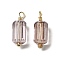 Half Plated Glass Charms, with Real 18K Gold Plated Brass Loop, Faceted Column Charm, Rosy Brown, 14.5x5mm, Hole: 1.6mm