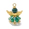 Glass Pendants, Angle, with Alloy Wing Beads & Iron Loop, Faceted, Dark Cyan, 30x21.5x16mm, Hole: 2.2~3.6mm