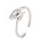 Clear Cubic Zirconia Hollow Out Leaf Open Cuff Ring, Brass Jewelry for Women, Platinum, Inner Diameter: 16.8mm