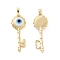 Handmade Evil Eye Lampwork Pendants, with Real 18K Gold Plated Tone Brass Findings, Key Charm, White, 33x12x4mm, Hole: 4x6mm