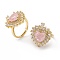 Pink Glass Heart Adjustable Ring with Cubic Zirconia, Brass Jewelry for Women, Real 18K Gold Plated, US Size 6 1/2(16.9mm)