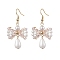 Bowknot Shell Pearl Dangle Earrings, Brass Jewely for Women, Golden, 51x27mm