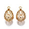 Brass Pendants, Hollow, Nickel Free, Teardrop, Real 18K Gold Plated, 18x10.5x8.5mm, Hole: 1.5mm