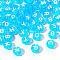 Transparent Deep Sky Blue Acrylic Beads, Horizontal Hole, Mixed Letters, Flat Round with White Letter, 7x4mm, Hole: 1.5mm, 100pcs/Bag