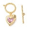Brass Toggle Clasps, Cadmium Free & Nickel Free & Lead Free, with Glass, Heart, Purple, Real 18K Gold Plated, 4x26.5x1.5mm, Hole: 1.6mm, Ring: 15x17.5x2mm, Hole: 1.4mm, Pendant: 16.5x13.5x7.5mm