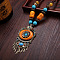 Ethnic Style Alloy & Wood & Resin Pendant Necklaces, Antique Silver, Flat Round, Orange, 22.83 inch(58cm)