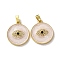 Brass Micro Pave Cubic Zirconia Pendants, Flat Round & Horse Eye Charm, with Enamel, Real 18K Gold Plated, Floral White, 20.5x18x3.5mm, Hole: 4x2.5mm