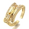 Rack Plating Zipper Shape Brass Clear Cubic Zirconia Open Cuff Rings, Cadmium Free & Lead Free, Long-Lasting Plated, for Women, Real 18K Gold Plated, 9mm