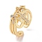 Clear Cubic Zirconia Cross & Coin & Star Charms Open Ring, Brass Jewelry for Women, Cadmium Free & Lead Free, Real 18K Gold Plated, US Size 6 3/4(17.1mm)