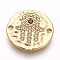 Brass Links, with Cubic Zirconia, Lead Free & Cadmium Free & Nickel Free, Flat Round with Hamsa Hand/Hand of Fatima/Hand of Miriam, Clear, Golden, 18x2mm, Hole: 1.8mm