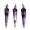 Natural Fluorite Pointed Pendants, Faceted Cone Charms with Platinum Plated Barss Snap on Bails, 35~35.5x8~8.5mm, Hole: 6.5x4mm