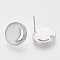 Brass Stud Earring Findings, with Enamel and Loop, Flat Round with Moon, Real Platinum Plated, Nickel Free, Creamy White, 14x4mm, Hole: 1mm, Pin: 1mm