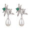 Natural Pearl Ear Studs, with Sterling Silver Micro Pave Cubic Zirconia Findings, Flower & Oval, Platinum, 25x13mm
