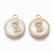 Brass Micro Pave Cubic Zirconia Pendants, with Shell, Flat Round with Letter, Nickel Free, Clear, Creamy White, Real 18K Gold Plated, Letter.S, 17x14x4mm, Hole: 1.8mm