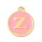 Golden Plated Alloy Enamel Charms, Enamelled Sequins, Flat Round with Alphabet, Letter.Z, Pink, 14x12x2mm, Hole: 1.5mm