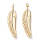 Brass Micro Pave Clear Cubic Zirconia Pendants, Long-Lasting Plated, Feather, Golden, 49x12x2mm, Jump Ring: 5x0.7mm, 3mm Inner Diameter