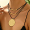 Ethnic Style Disc Alloy Pendant Necklaces, Black Waxed Cord 3 Layer Necklaces, Golden, 13.78 inch(35cm)