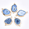 Electroplate Natural Druzy Agate Links connectors, with Iron Findings, Dyed, Golden, Cornflower Blue, 30~45x15~35x3~7.5mm, Hole: 2mm