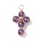 Natural Amethyst Copper Wire Wrapped Pendants, Religion Cross Charms, with Brass Beads, Light Gold, 29.5~30x16.5~17x6.5~7mm, Hole: 3.5~4mm