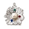 304 Stainless Steel Glass Pendants, Flower Charm, with ABS Plastic Imitation Pearl, Stainless Steel Color, 33.5x28.5x9mm, Hole: 2.5mm
