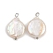 Natural Freshwater Pearl Keshi Pearl Pendants, Flat Round Charms, with 304 Stainless Steel Loops, White, Stainless Steel Color, 24.5x15.5~16x3.5~6.5mm, Hole: 2.5mm