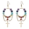 Chakra Theme Natural & Synthetic Mixed Beaded Dangle Earrings, Brass Cross Long Drop Earrings, Golden, 82x34mm