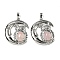 Natural Rose Quartz Pendants, Owl Charms with Rack Plating Brass Moon, Platinum, Cadmium Free & Lead Free, 38.5x31.5x8mm, Hole: 8x5mm