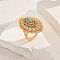 Geometric Hollow Brass Micro Pave Adjustable Finger Rings for Women, Horse Eye, Golden, Turquoise, 31x20mm, Inner Diameter: Adjustable