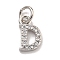 Initial Letter Brass with Cubic Zirconia Charms, Platinum, Long-Lasting Plated, Lead Free & Cadmium Free, Letter D, 10x6x1.5mm, ring: 5x1mm, inner diameter: 3mm