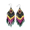 Glass Seed Braided Rhombus with Tassel Chandelier Earrings, Bohemian Brass Wire Wrap Drop Earrings for Women, Colorful, 90mm, Pin: 0.6mm