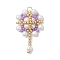 Glass Seed Beaded Flower Pendants, with Glass Pearl Beads & 304 Stainless Steel Jump Rings, Real 18K Gold Plated, Lilac, 32x20x6.5mm, Hole: 3mm