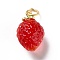 Handmade Lampwork Pendants, with Brass Findings, Cadmium Free & Lead Free, Matte Gold Color, 3D Strawberry, Red, 20x12x11.5mm, Hole: 3mm