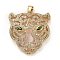 Brass Micro Pave Clear & Green Cubic Zirconia Pendants, Long-Lasting Plated, Lead Free & Cadmium Free, Tiger Head, Real 18K Gold Plated, 28.5x27x4.5mm, Hole: 5x3mm